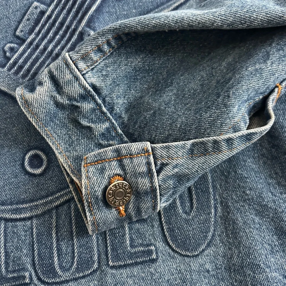 VTG TYCA Blue Jean Denim Jacket  Made USA Embossed‎ Rhythm Blues XXLarge BIKER